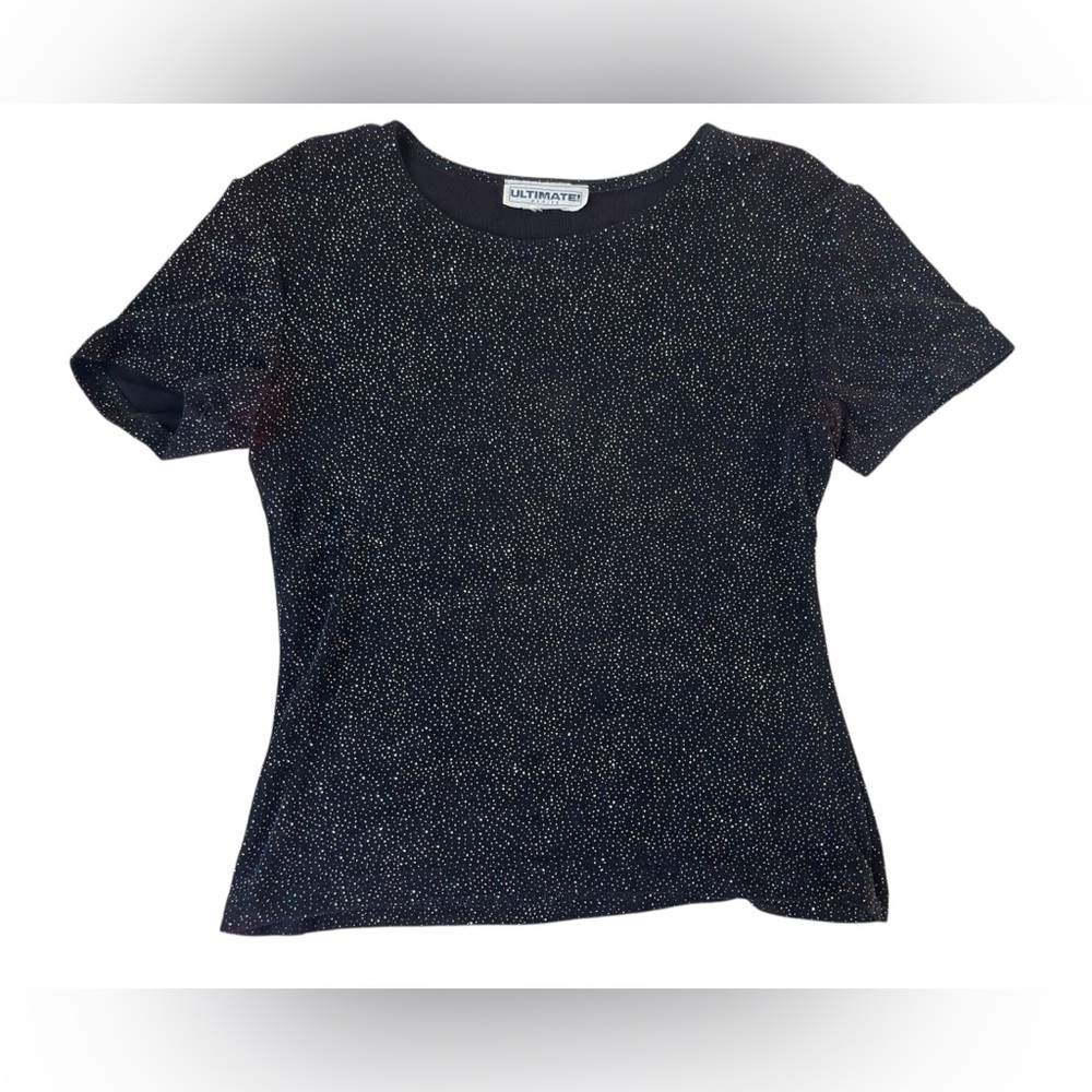 VINTAGE 90S ULTIMATE PETITE BLACK GEMS SHINY RAYON TSHIRT SMALL PETITE WOMENS